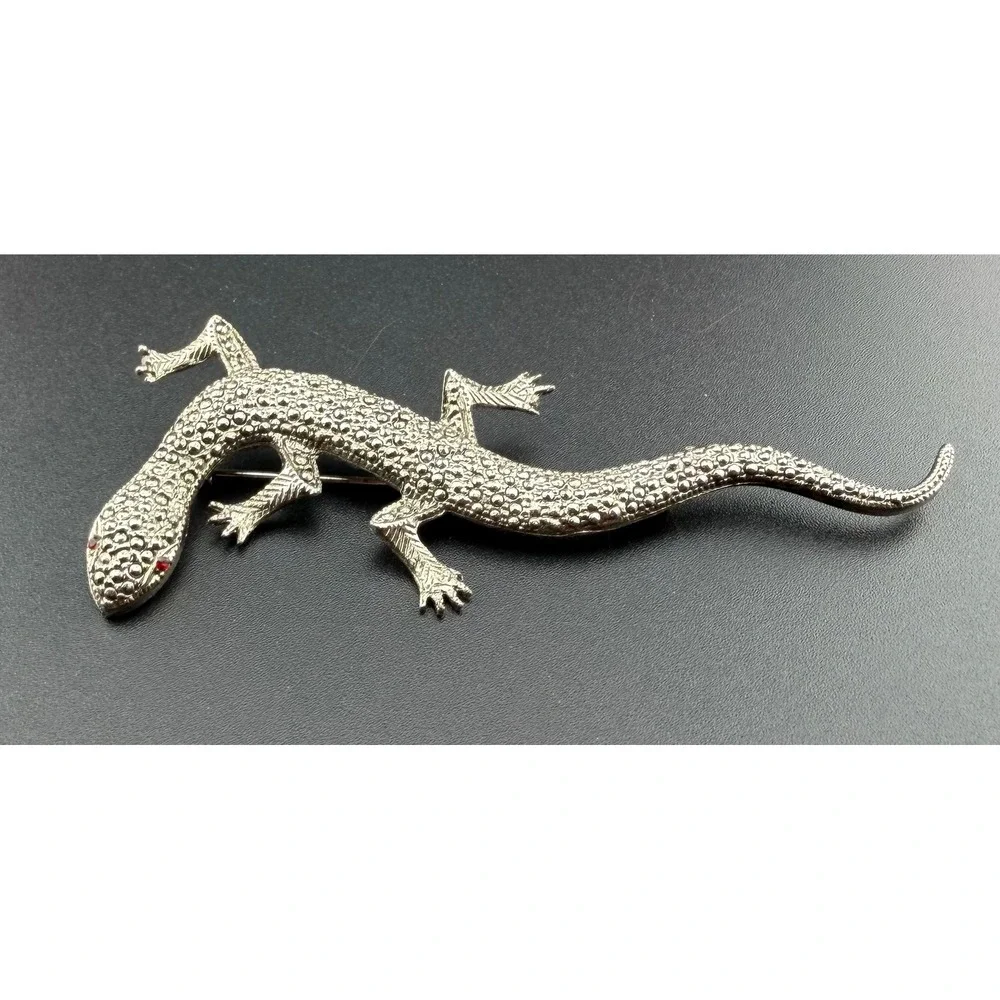 Lizard Gecko Brooch Silver‎ Tone Marcasite Style Red Eyes Reptile Vintage READ